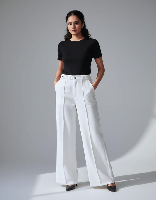 Women’s Premium High Waist Wide Leg Formal Pants | Office & Party Wear | White